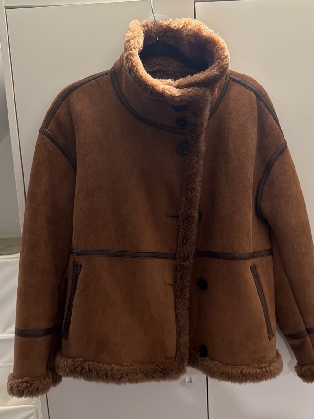 Women's Brown Shearling Coat with Stand Collar and Leather Trim